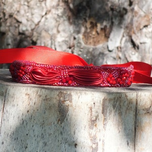 Red Shibori Silk Choker Necklace, Beaded Bohemian Jewelry image 2