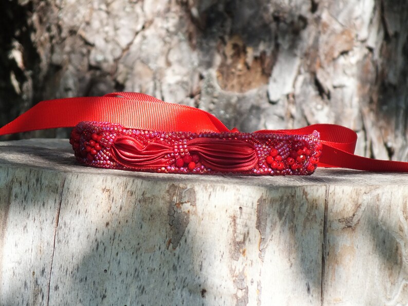 Red Shibori Silk Choker Necklace, Beaded Bohemian Jewelry image 2