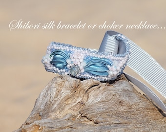 Shibori Silk Ribbon Bracelet, Beaded Bohemian Jewelry