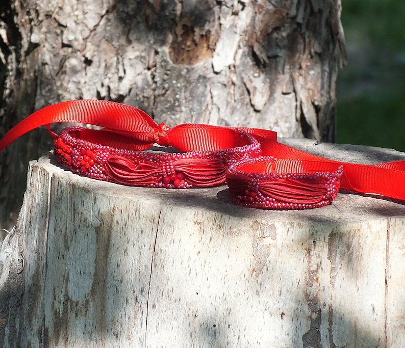 Red Shibori Silk Choker Necklace, Beaded Bohemian Jewelry image 8