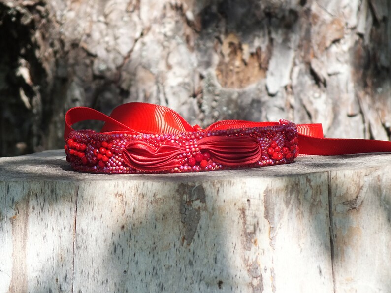 Red Shibori Silk Choker Necklace, Beaded Bohemian Jewelry image 4
