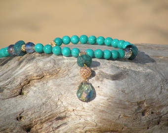 Green Agate Beaded Necklace, Malaysia Jade, 24K Gold Plated
