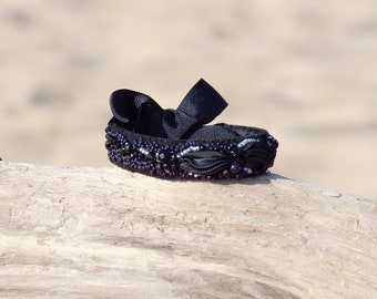 Black Shibori Silk Ribbon Bracelet, Beaded Boho Cuff