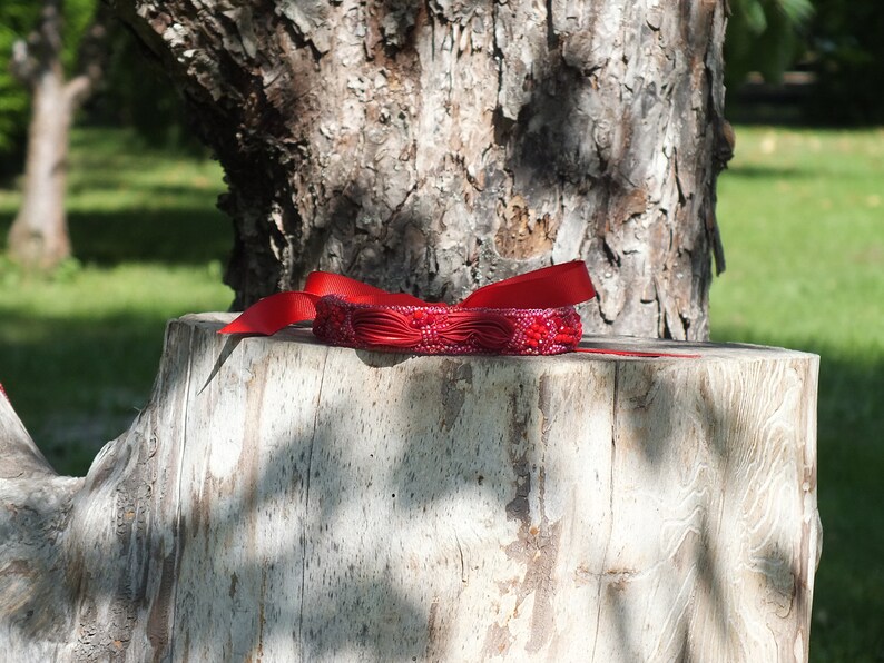 Red Shibori Silk Choker Necklace, Beaded Bohemian Jewelry image 3