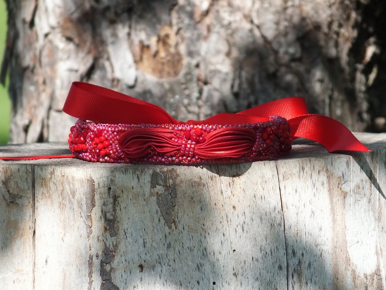 Red Shibori Silk Choker Necklace, Beaded Bohemian Jewelry image 7