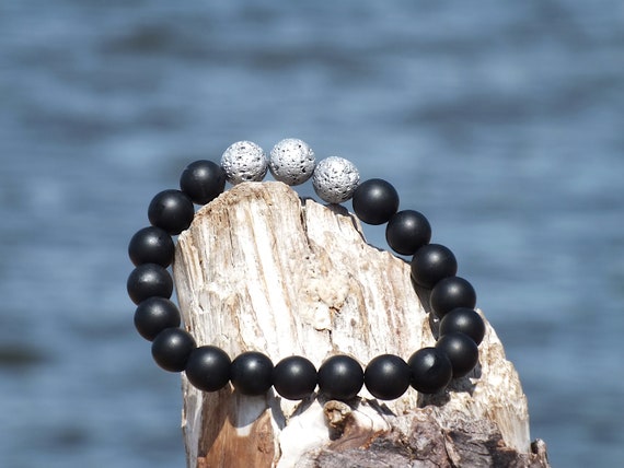 Men's Beaded Bracelet, Black Onyx & Lava Stone, Gift for Him