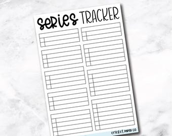 May include: A white Series Reading Tracker sticker with black text. The sticker has the words "Series Tracker" in a handwritten font. The sticker has multiple rectangular boxes with horizontal lines for tracking reading progress. The bottom of the sticker has the text "Series Trackers - Variety" and "cricket paper co."