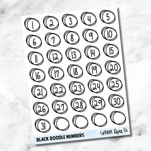 Decorative Date Number Planner Stickers - Black Doodle