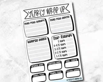 May include: A white sticker with the text "YEARLY WRAP UP" in black. The sticker includes sections for "most read authors," "most read genres," "favorite books," and "Star Ratings." Additional sections are for "longest book," "shortest book," and "books read."