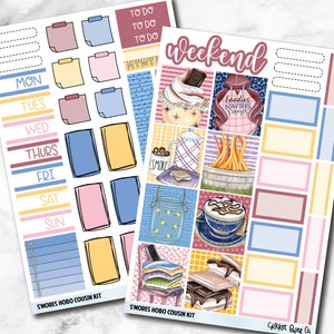 May include: Two sheets of planner stickers with a s'mores theme. One sheet has daily and to-do list stickers in pastel colours. The other sheet has weekend-themed stickers with illustrations of s'mores, a bonfire, and hot chocolate. The text "Weekend" is at the top.