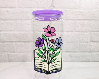 Floral Book - 16oz Glass Mug with Purple Acrylic Lid