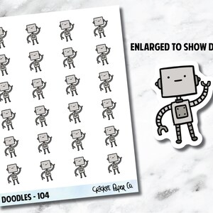 May include: Sheet of stickers featuring a repeating pattern of a cartoon robot with a gray body, square head, and waving arm. The stickers are on a white background. The text "DOODLES - 104" and "Cricket Paper Co" are at the bottom.