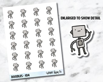 May include: Sheet of stickers featuring a repeating pattern of a cartoon robot with a gray body, square head, and waving arm. The stickers are on a white background. The text "DOODLES - 104" and "Cricket Paper Co" are at the bottom.