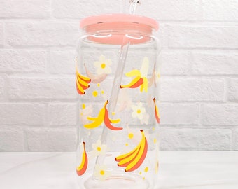 Bananas - 16oz Glass Mug with Pink Acrylic Lid