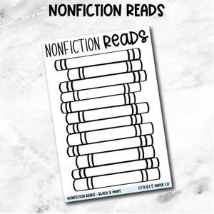 May include: A white sticker with the text "NONFICTION READS" at the top and a stack of black and white book illustrations. The sticker also includes the text "NONFICTION READS - BLACK & WHITE" and "CRICKET PAPER CO."
