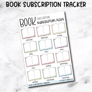 May include: A white sticker sheet with the text "BOOK SUBSCRIPTION TRACKER" at the top. The sheet features 12 open book illustrations, each labeled with a month. The text "BOOK SUBSCRIPTION - RAINBOW" is at the bottom, along with "CRICKET PAPER CO."
