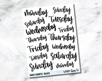 Days of the Week Hand Lettered Script Planner Stickers - Black