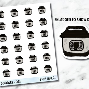 Könnte beinhalten: Bogen mit Aufklebern mit einem sich wiederholenden Muster aus schwarzen und grauen Schnellkochtopf-Illustrationen. Die vergrößerte Detailansicht zeigt einen einzelnen Aufkleber mit einem schwarzen Griff und einem grauen Körper. Der Text auf dem Bogen lautet "ENLARGED TO SHOW DETAIL" und "DOODLES - 061".
