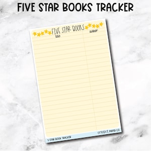 May include: A pale yellow Five Star Books Tracker notepad with a light blue border. The notepad has lines for title and author, and is decorated with yellow star graphics. The text "FIVE STAR BOOKS TRACKER" is at the top.