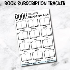 May include: A white sticker with a black outline design for tracking book subscriptions. The sticker features 12 open book illustrations, each labeled with a month. The text "BOOK SUBSCRIPTION TRACKER" is at the top. The bottom text reads "BOOK SUBSCRIPTION - BLACK & WHITE" and "CRICKET PAPER CO."