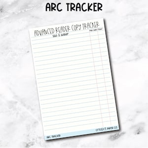 May include: A white notepad with blue lines and the text "ADVANCED READER COPY TRACKER" at the top. The notepad has the text "title & author" and "Pub date read?" above the lines. The words "ARC TRACKER" and "cricket PAPER CO." are also visible.