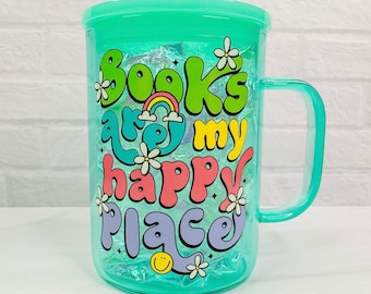 Books Are My Happy Place - 17oz Mint Green Colored Glass Mug