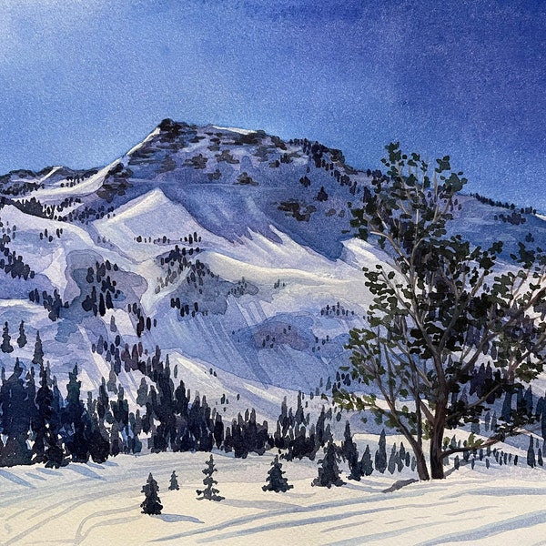 Winter Mountain Landscape Watercolor & Gouache Painting, Alta Ski Area, Utah