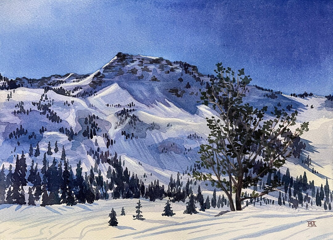 Winter Mountain Landscape Watercolor & Gouache Painting, Framed, Alta ...