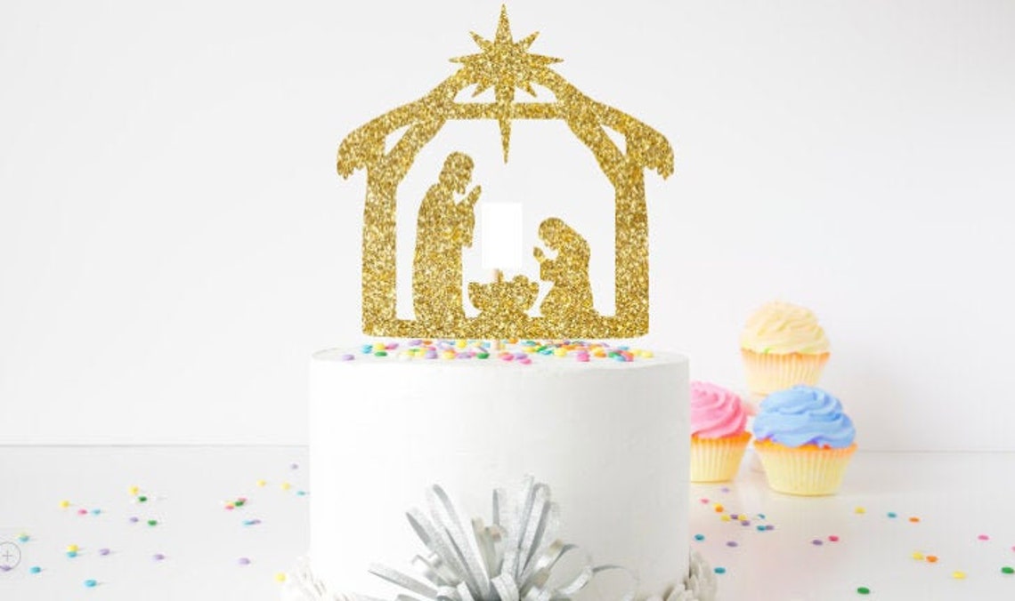 Gold Christmas Cake Topper Nativity Scene Jesus Birthday Etsy