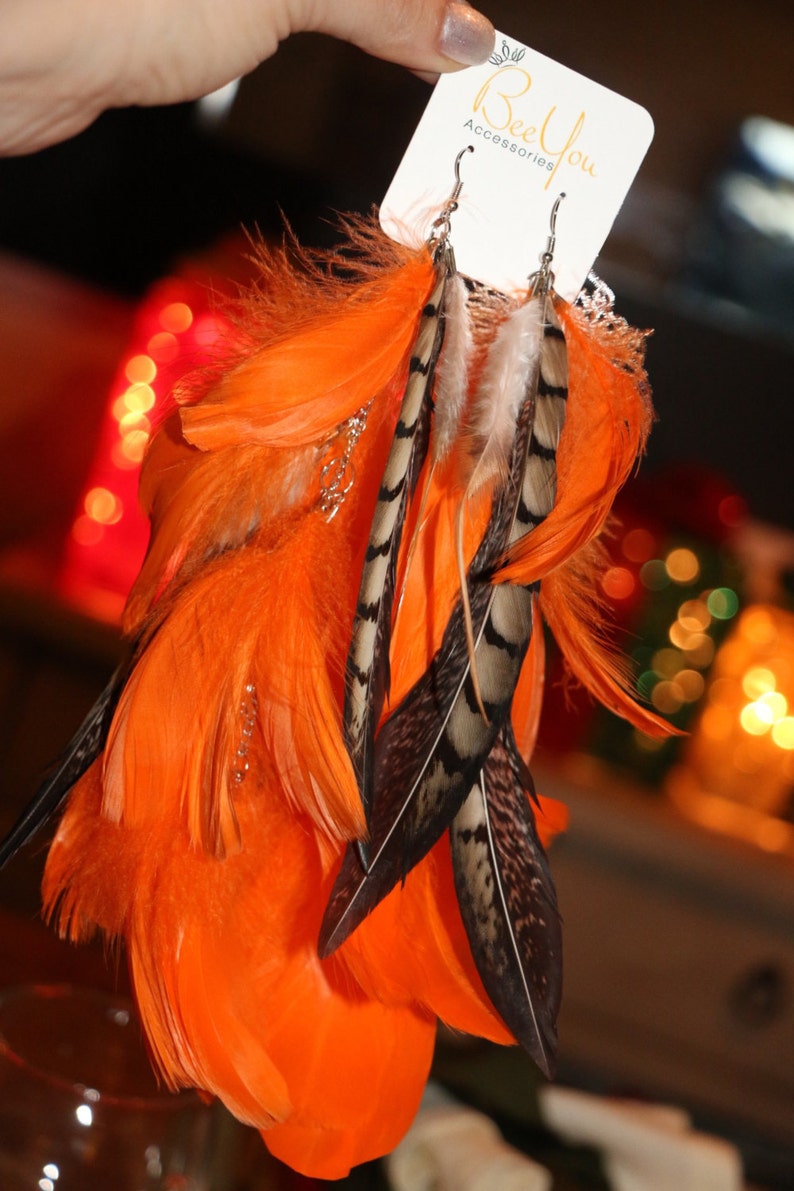 Orange Long Feathers Earrings TREND FEATHER EARRINGS Gypsy Etsy