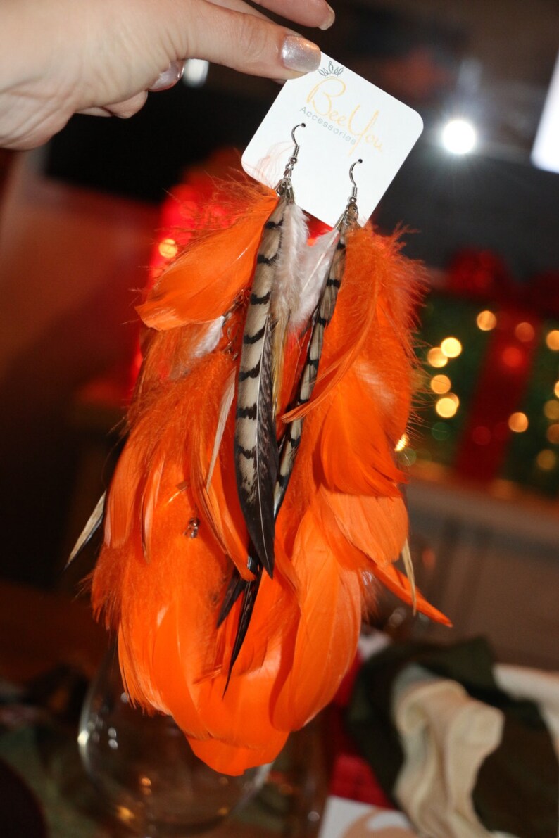 Orange Long Feathers Earrings TREND FEATHER EARRINGS Gypsy Etsy