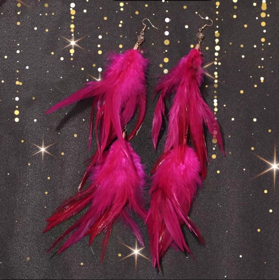 Pink Feather Earrings Pink Feather Long Earringsblack Etsy