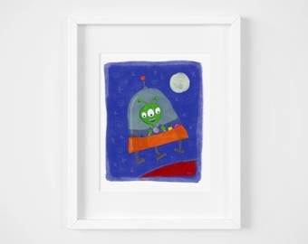 Alien nursery wall art, toddler playroom wall decor, kids room art, spaceship, UFO, extraterrestrial