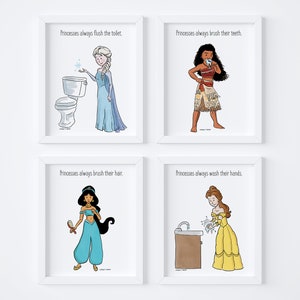 Disney Princess Bathroom Rules Art Prints, Set of 4, Bathroom Wall Art, Kids Art, Children&#39;s Bathroom Art, 8x10