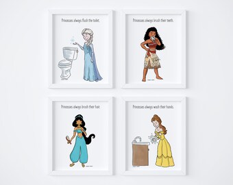 Disney Princess Bathroom Rules Art Prints, Set of 4, Bathroom Wall Art, Kids Art, Children's Bathroom Art, 8x10