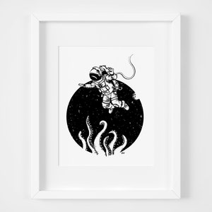 Astronaut Art Print, Illustration, Home Decor, Wall Art, Space Art, 8x10, Black and White, Stars, Celestial