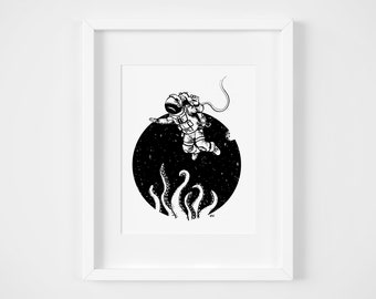 Astronaut Octopus Black and White Art Print, Sci-Fi Illustration (8x10)