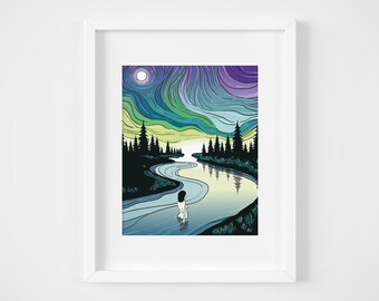 Woman in River, Northern Lights, Illustration Print, Wall Decor, 8x10