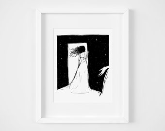 Ghostlike Woman Art Print, Illustration, Home Decor, Wall Art, 8x10, Black and White, Stars, Celestial