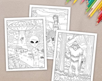 Printable Coloring Pages, Cryptozoology Coloring Book, Mythical Creatures, 14 Coloring Pages, Instant Digital Download, Mermaids, Bigfoot