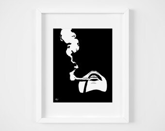 Woman Smoking Blunt Art Print, Illustration, Home Decor, Wall Art, 8x10, Black and White