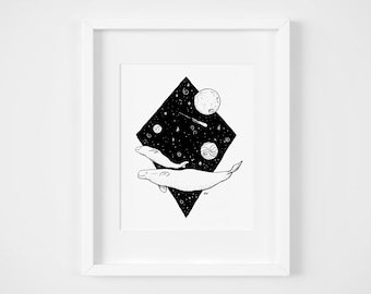 Space Whales Art Print, Black and White Illustration (8x10)