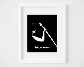 Woman with Sword Art Print, Aquí Yo Mando Illustration, Black and White