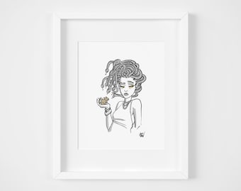 Medusa Art Print, Illustration, Home Decor, Wall Art, 8x10, Black and White