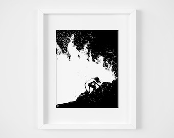 Woman Walking Through Fire Art Print, Black and White Illustration (8x10)