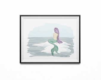 Mermaid Art Print, Illustration, Watercolor Style, Home Decor, Wall Art, 8x10