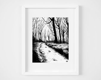 Spooky Forest Path Art Print, Illustration, Home Decor, Wall Art, 8x10, Black and White