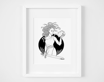 Medusa Art Print, Illustration, Home Decor, Wall Art, 8x10, Black and White