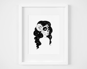 Day of the Dead Woman Art Print, Skull Makeup Illustration, 8x10