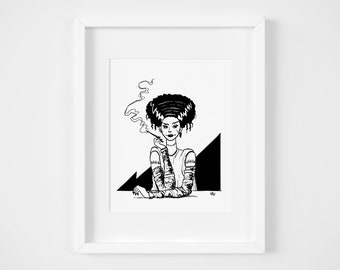 Bride of Frankenstein Art Print, Illustration, Home Decor, Wall Art, 8x10, Black and White